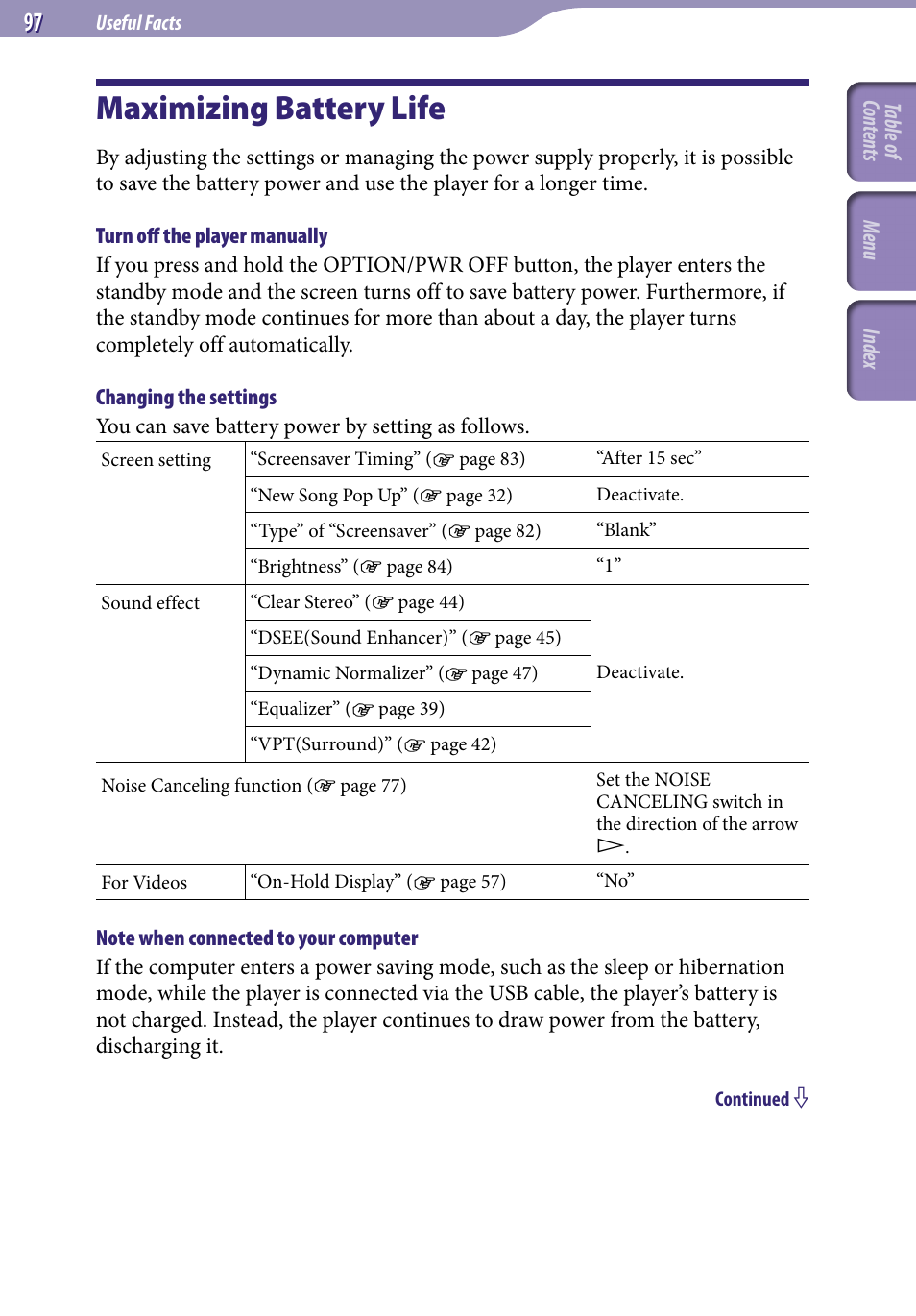 Maximizing battery life | Sony NWZ-S716FSNC User Manual | Page 97 / 140