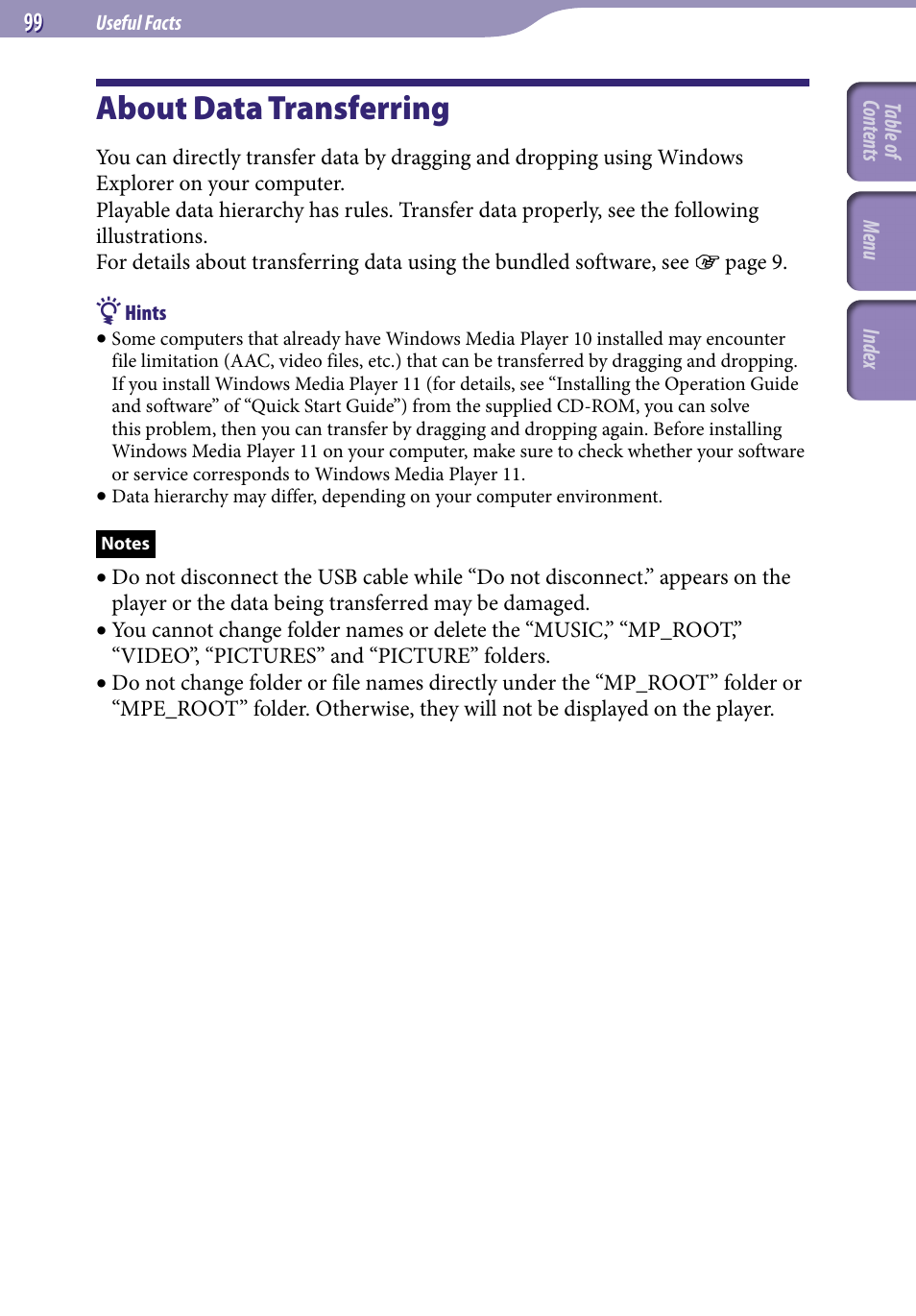 About data transferring | Sony NWZ-S716FSNC User Manual | Page 99 / 140