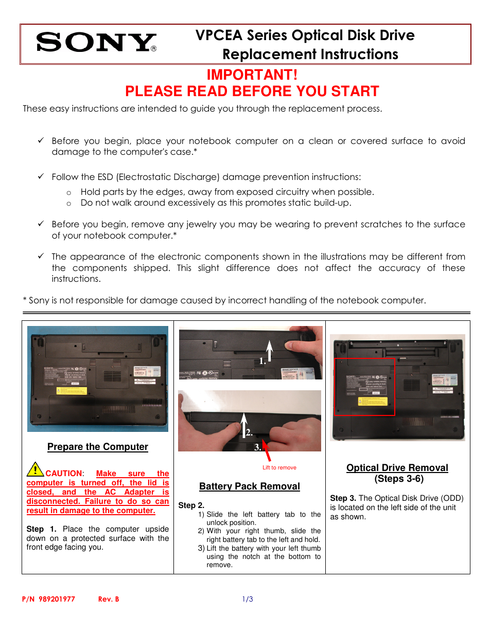 Sony VPCEA Series Optical Disk Drive (Replacement Instructions) User Manual | 3 pages