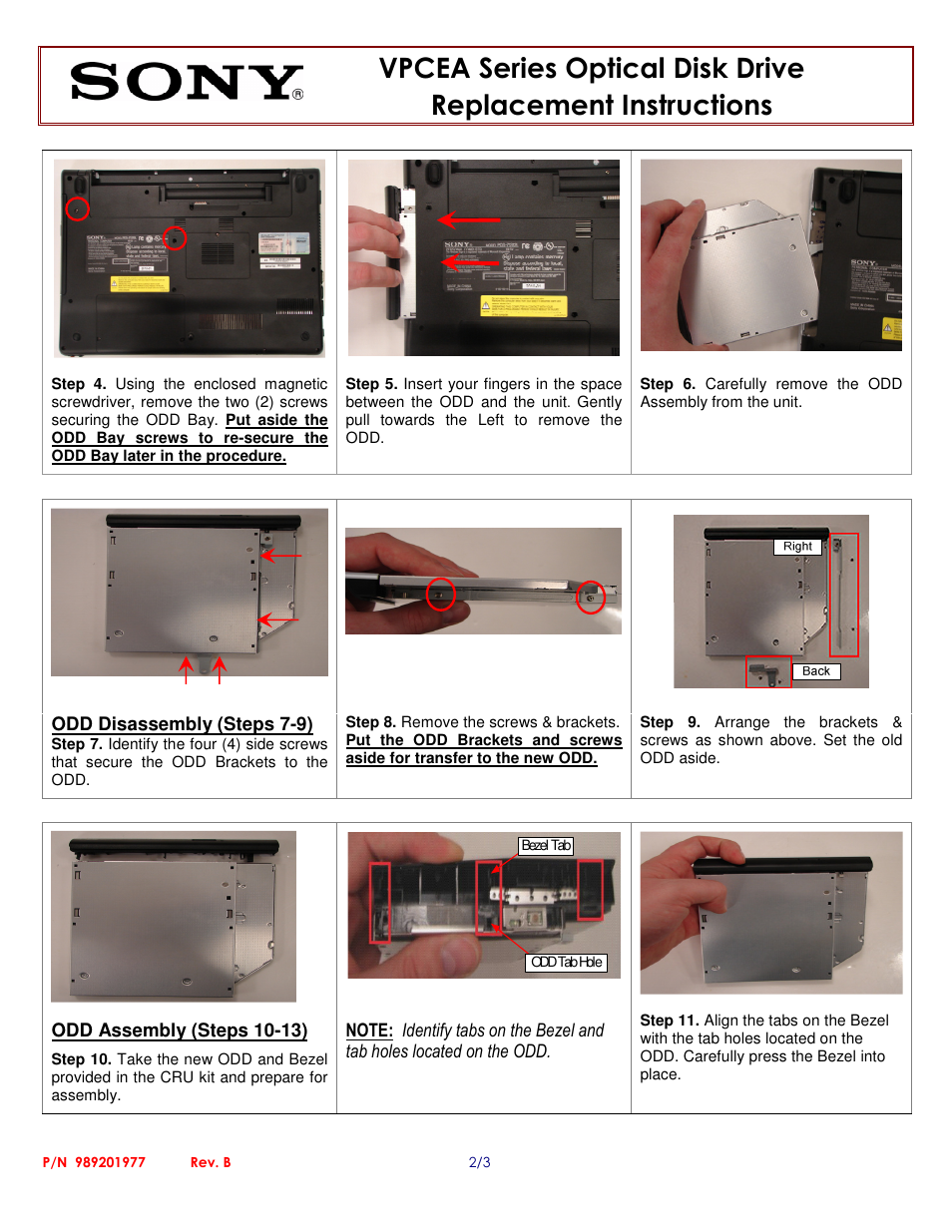 Sony VPCEA Series Optical Disk Drive (Replacement Instructions) User Manual | Page 2 / 3