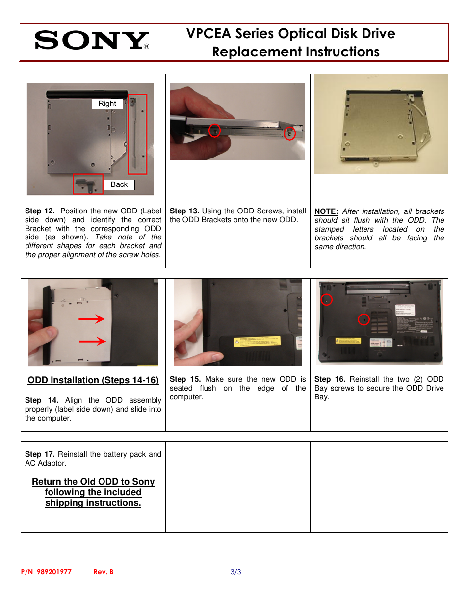 Sony VPCEA Series Optical Disk Drive (Replacement Instructions) User Manual | Page 3 / 3