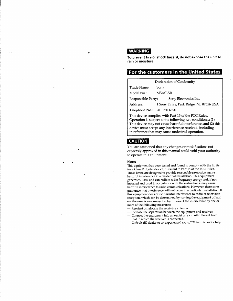 For the customers in the united states | Sony DCR-PC100 User Manual | Page 2 / 11