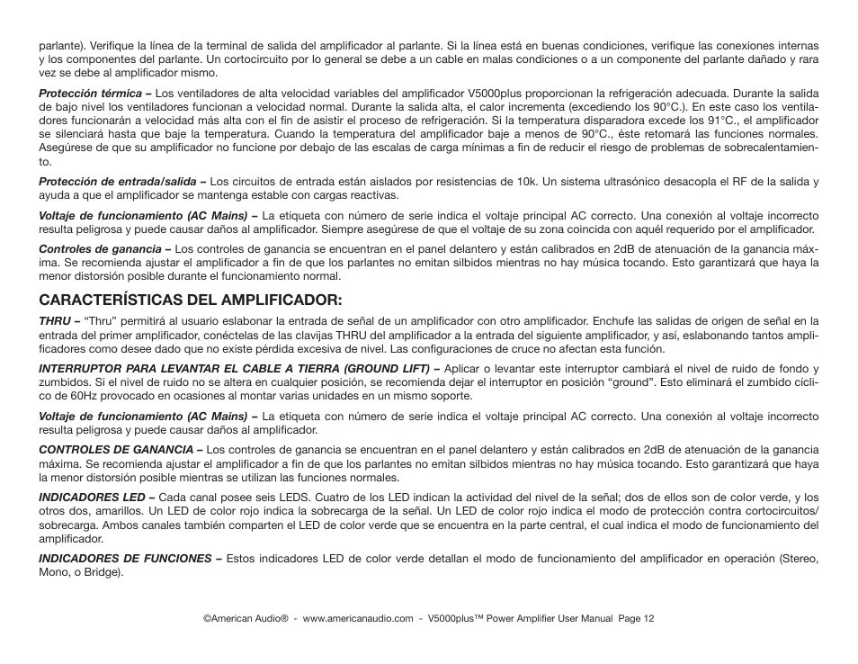 Características del amplificador | American Audio Model V 5000 User Manual | Page 12 / 18