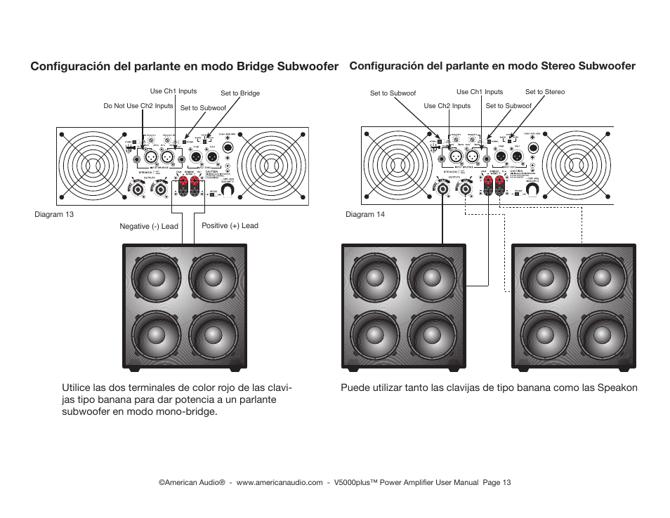 Conﬁguración del parlante en modo bridge subwoofer, Conﬁguración del parlante en modo stereo subwoofer | American Audio Model V 5000 User Manual | Page 13 / 18