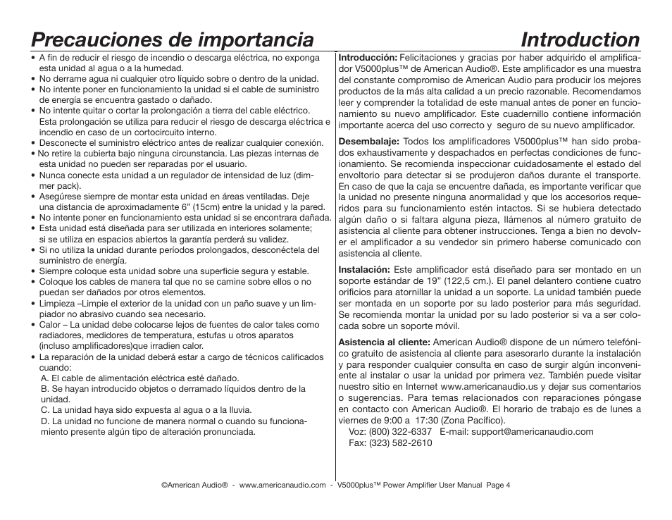 Precauciones de importancia, Introduction | American Audio Model V 5000 User Manual | Page 4 / 18