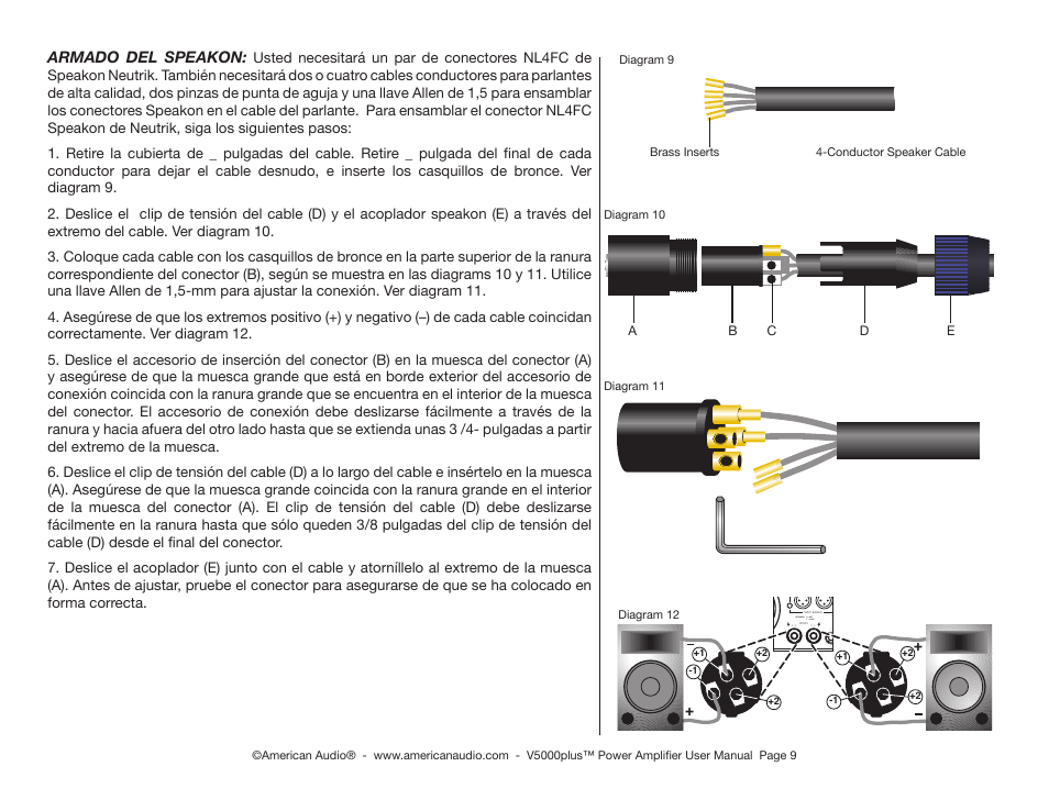 Armado del speakon, Speakon 1+ hot 1 cold, De b a c | American Audio Model V 5000 User Manual | Page 9 / 18