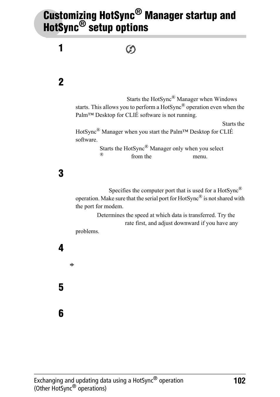 Customizing hotsync, Manager, Startup and hotsync | Setup, Options, Manager startup and, Hotsync, Setup options, Manager startup and hotsync | Sony PEG-NZ90 User Manual | Page 102 / 186