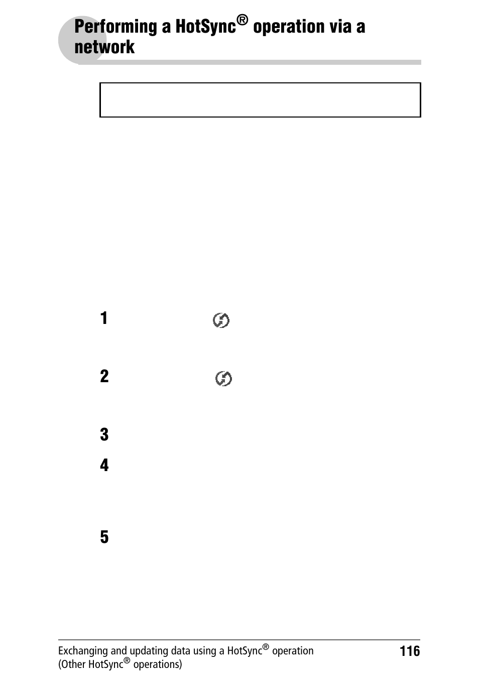 Performing a hotsync® operation via a network, Performing a hotsync, Operation via | A network, Operation via a network | Sony PEG-NZ90 User Manual | Page 116 / 186