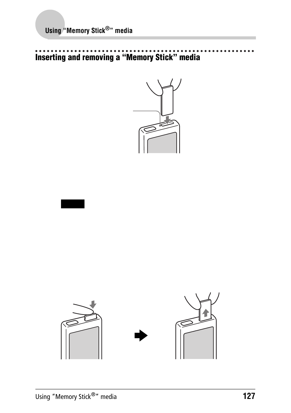 Inserting and removing a “memory stick” media | Sony PEG-NZ90 User Manual | Page 127 / 186