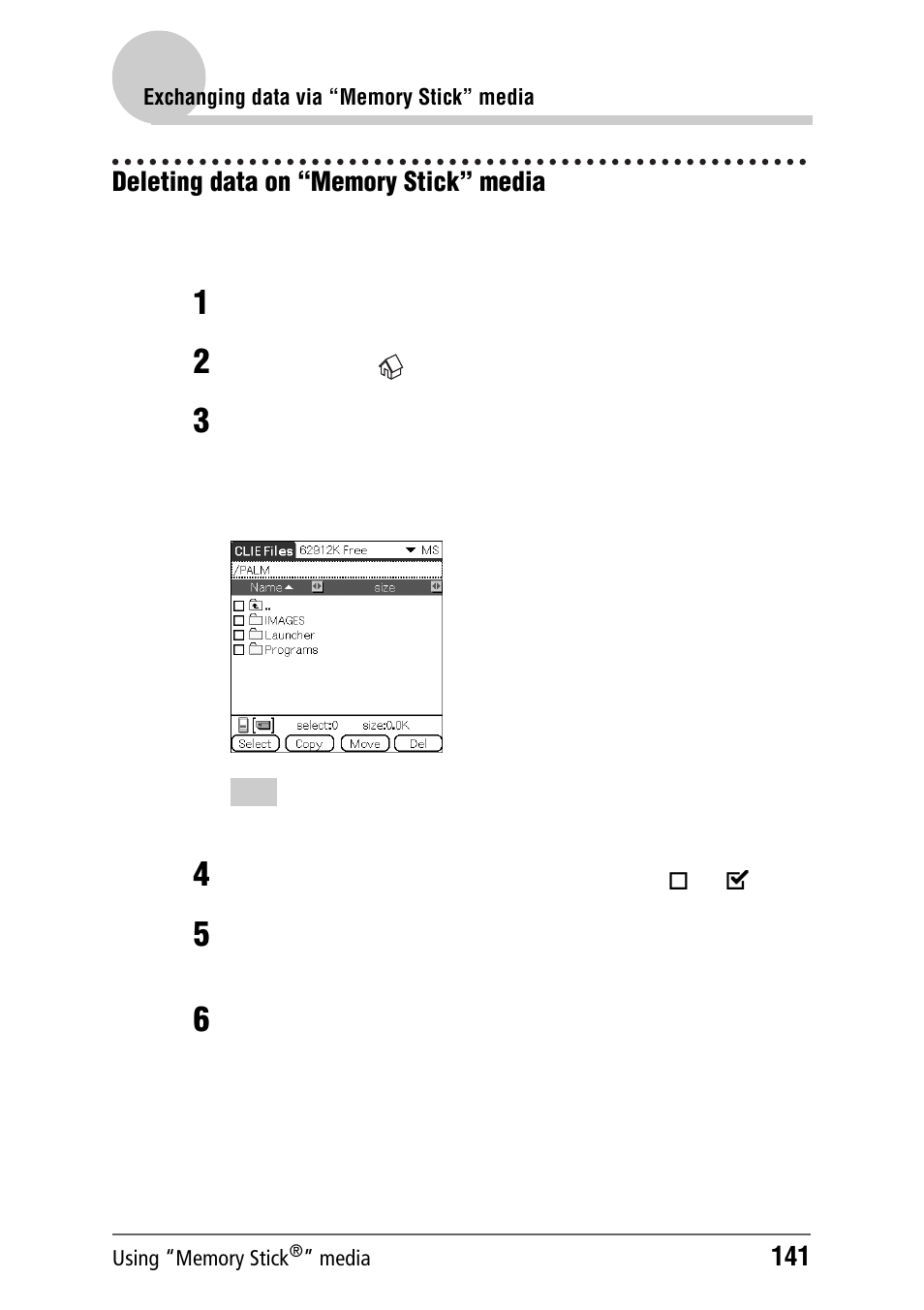 Deleting data on “memory stick” media | Sony PEG-NZ90 User Manual | Page 141 / 186