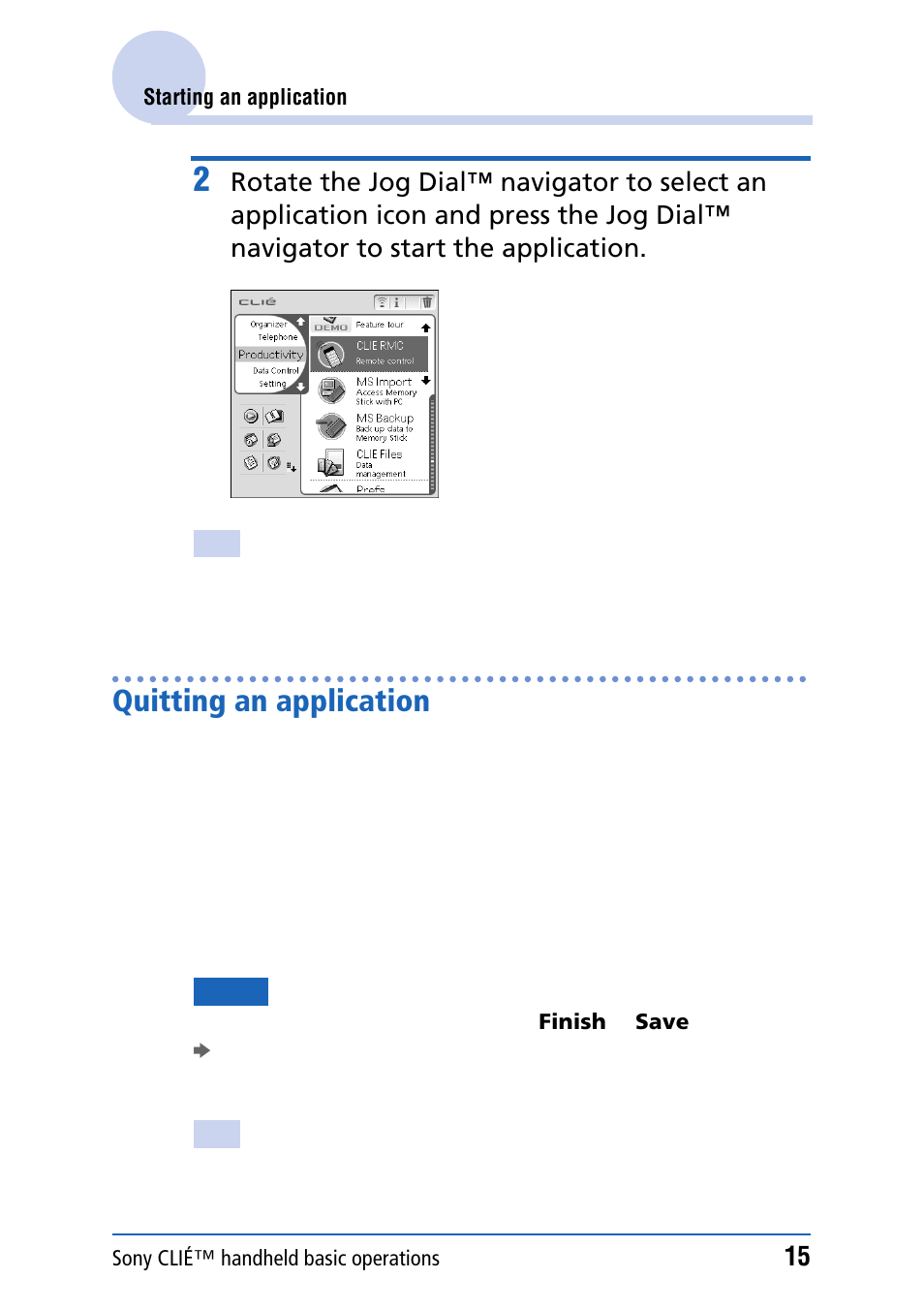 Quitting an application | Sony PEG-NZ90 User Manual | Page 15 / 186