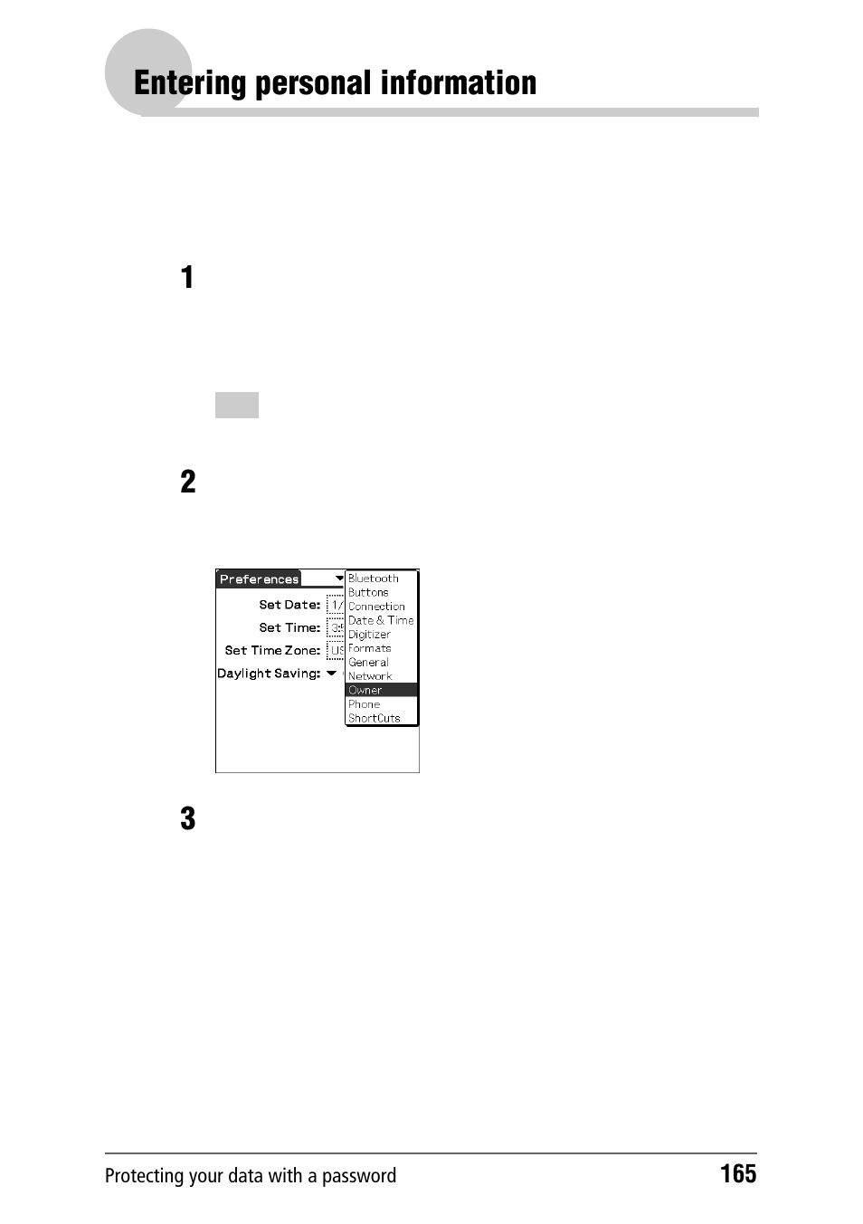 Entering personal information, Ge 165 | Sony PEG-NZ90 User Manual | Page 165 / 186