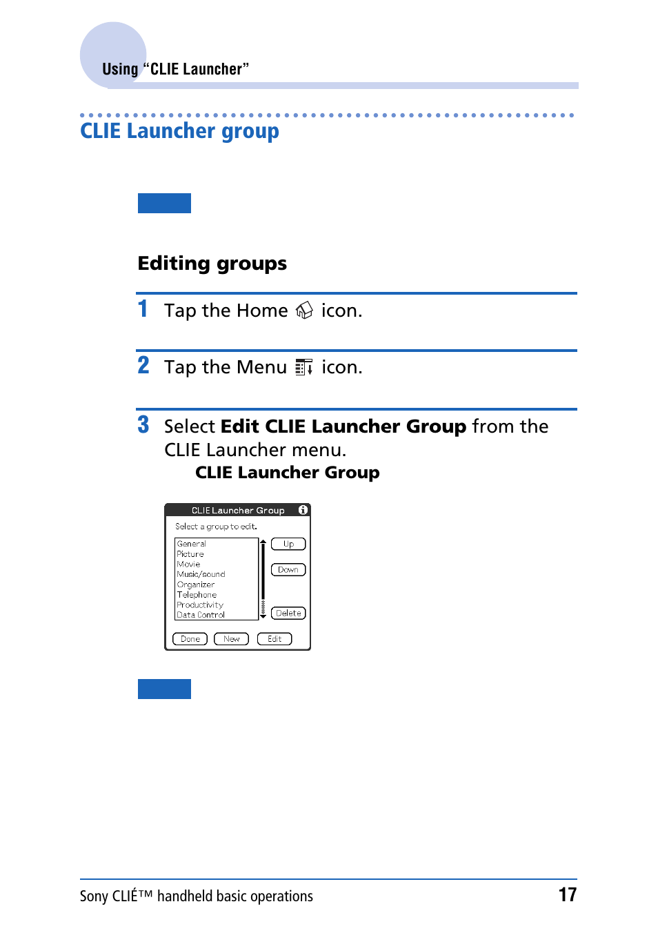 Clie launcher group | Sony PEG-NZ90 User Manual | Page 17 / 186