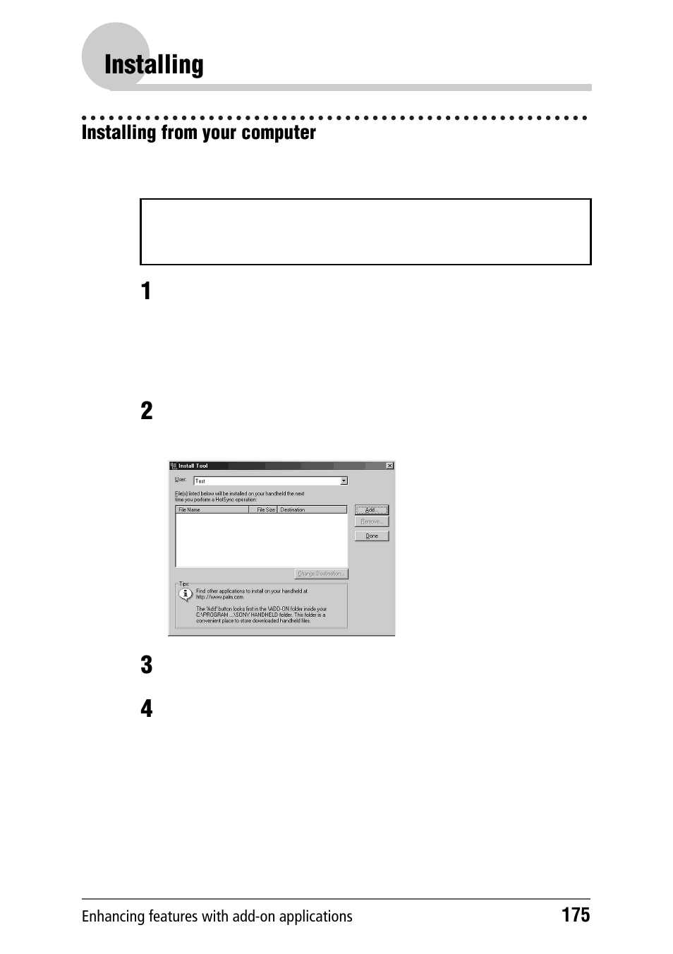 Installing, Installing from your computer | Sony PEG-NZ90 User Manual | Page 175 / 186