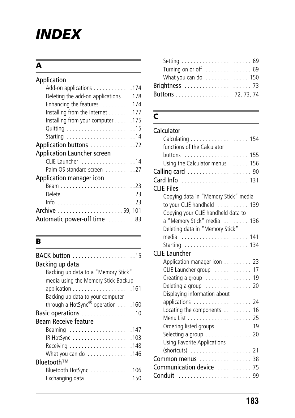Index | Sony PEG-NZ90 User Manual | Page 183 / 186