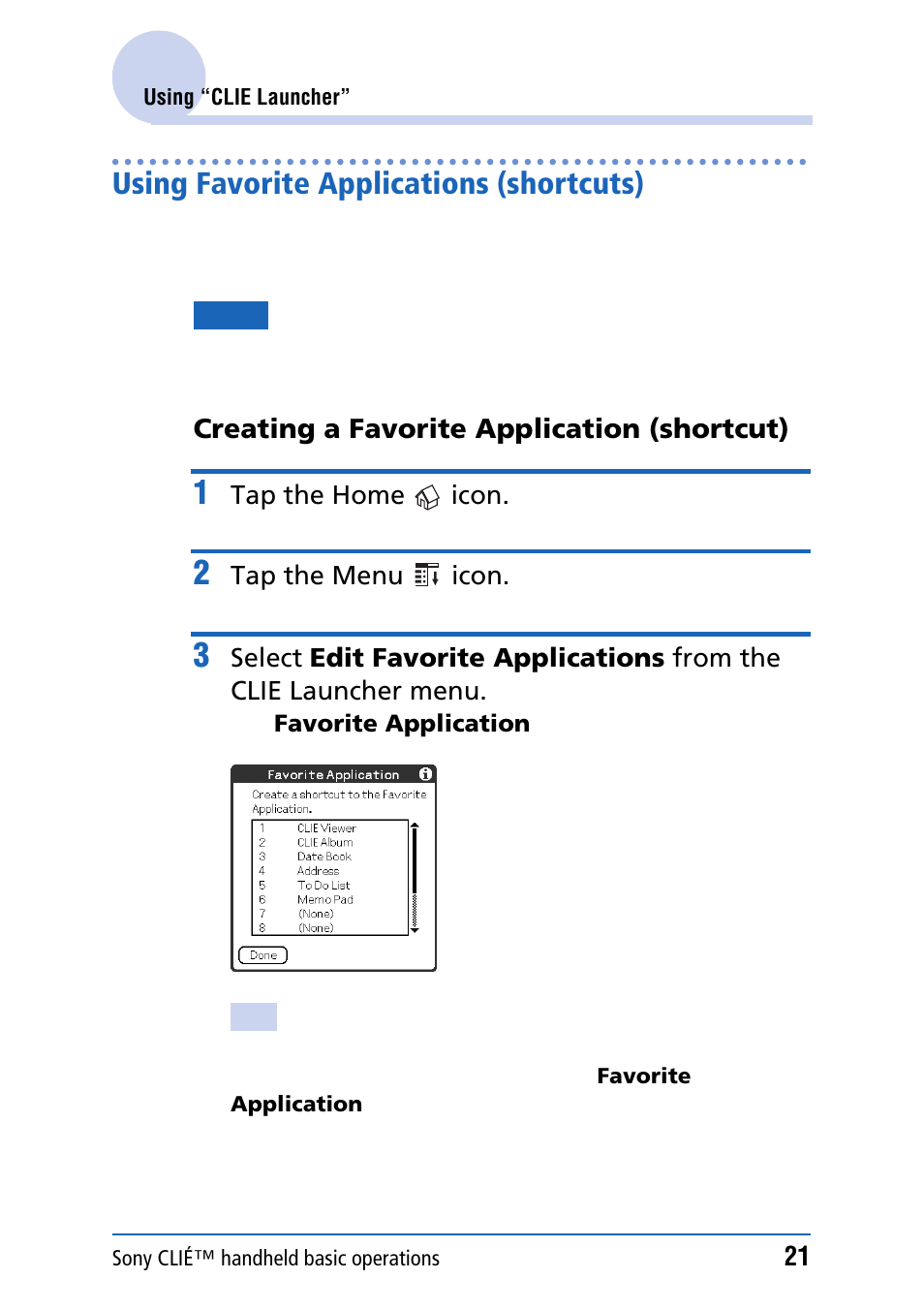 Using favorite applications (shortcuts) | Sony PEG-NZ90 User Manual | Page 21 / 186