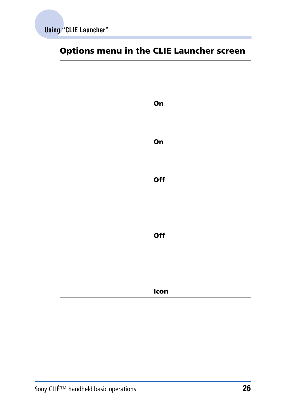 Options menu in the clie launcher screen | Sony PEG-NZ90 User Manual | Page 26 / 186