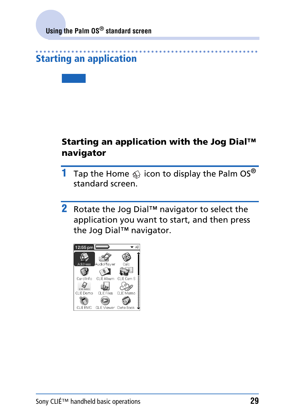 Starting an application | Sony PEG-NZ90 User Manual | Page 29 / 186