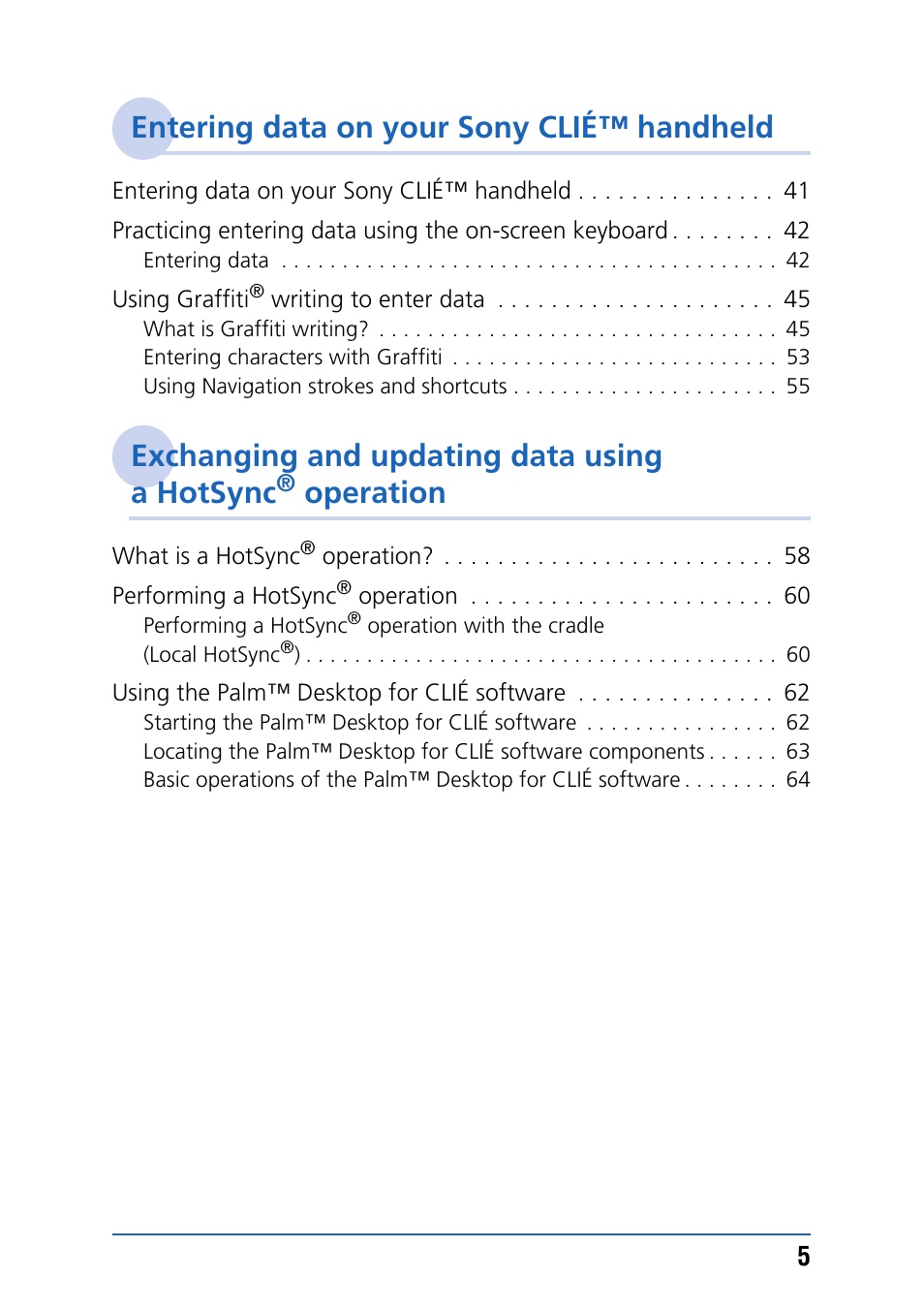 Entering data on your sony clié™ handheld, Exchanging and updating data using a hotsync, Operation | Sony PEG-NZ90 User Manual | Page 5 / 186