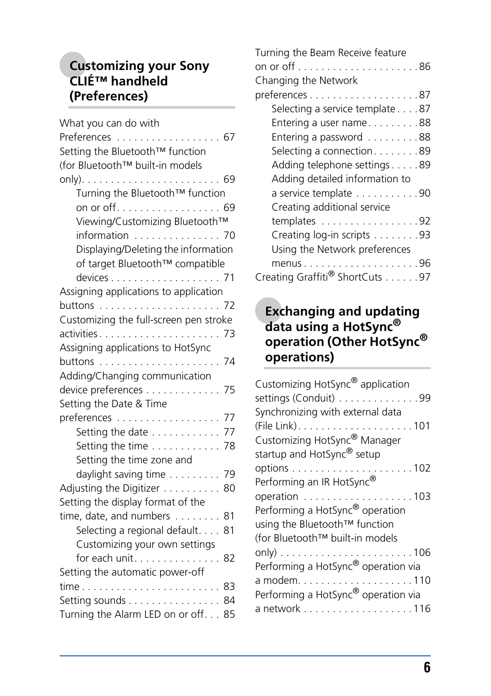 Customizing your sony clié™ handheld (preferences), Exchanging and updating data using a hotsync, Operation (other hotsync | Operations) | Sony PEG-NZ90 User Manual | Page 6 / 186