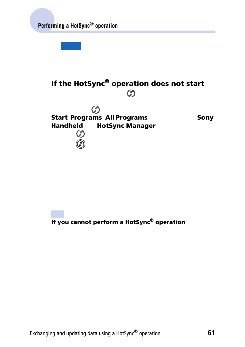 If the hotsync, Operation does not start | Sony PEG-NZ90 User Manual | Page 61 / 186