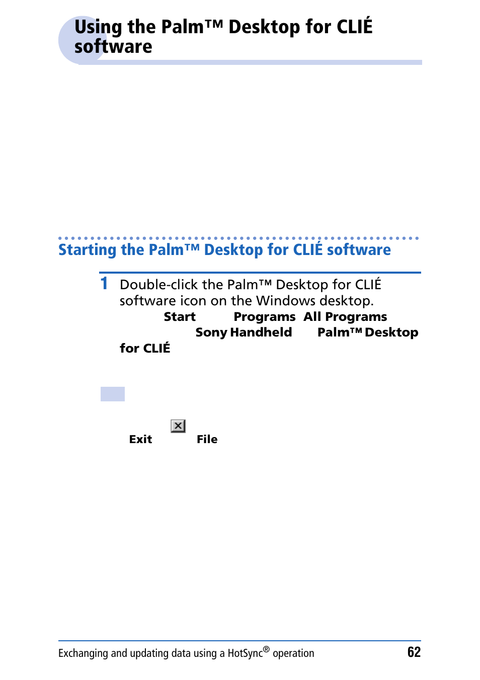 Using the palm™ desktop for clié software, Starting the palm™ desktop for clié software | Sony PEG-NZ90 User Manual | Page 62 / 186