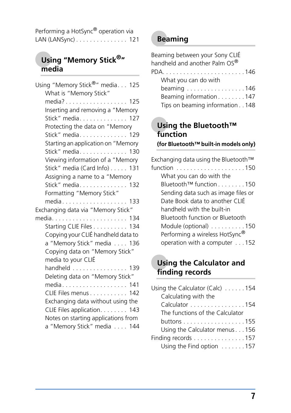 Media, Beaming, Using the bluetooth™ function | Using the calculator and finding records | Sony PEG-NZ90 User Manual | Page 7 / 186