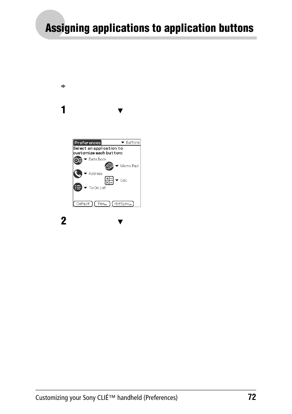 Assigning applications to application buttons, Assigning applications to application, Buttons | 72 to | Sony PEG-NZ90 User Manual | Page 72 / 186