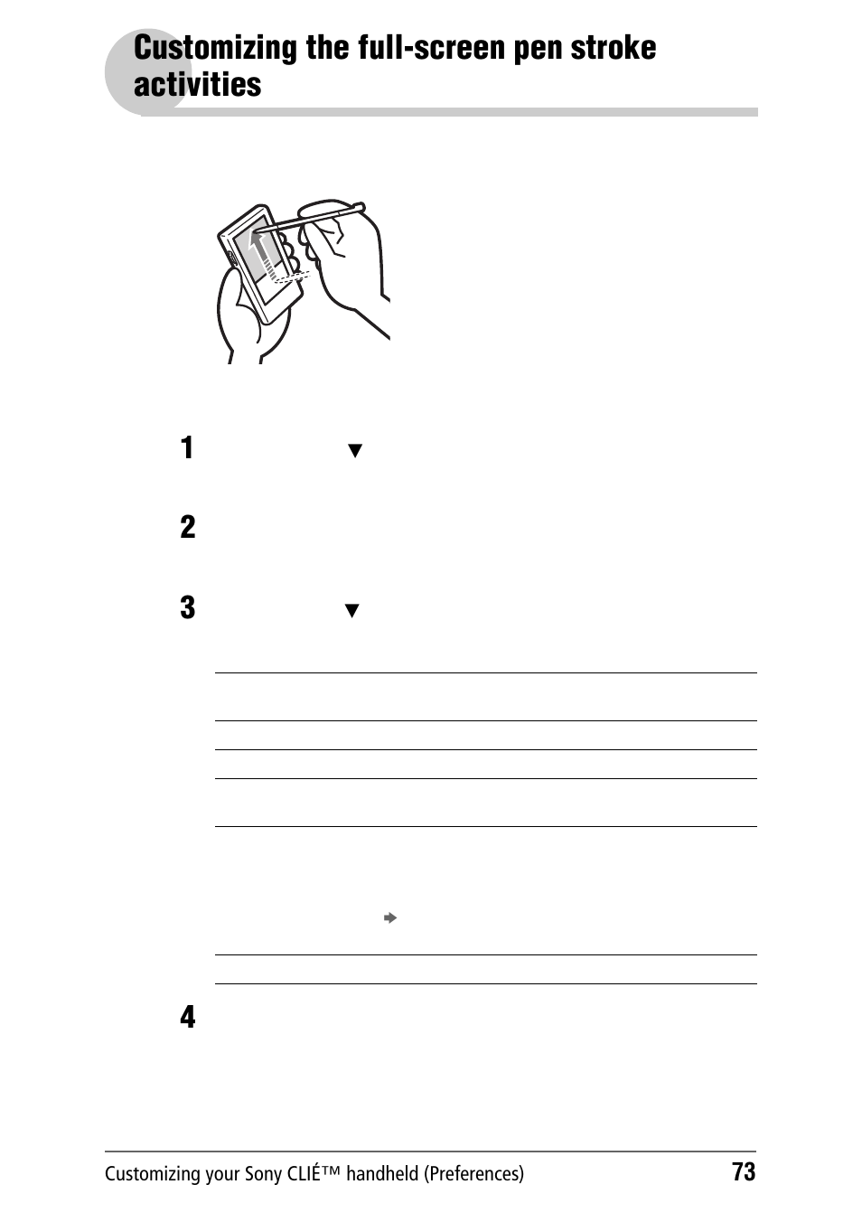 Customizing the full-screen pen stroke activities, Customizing the full-screen pen stroke, Activities | Sony PEG-NZ90 User Manual | Page 73 / 186