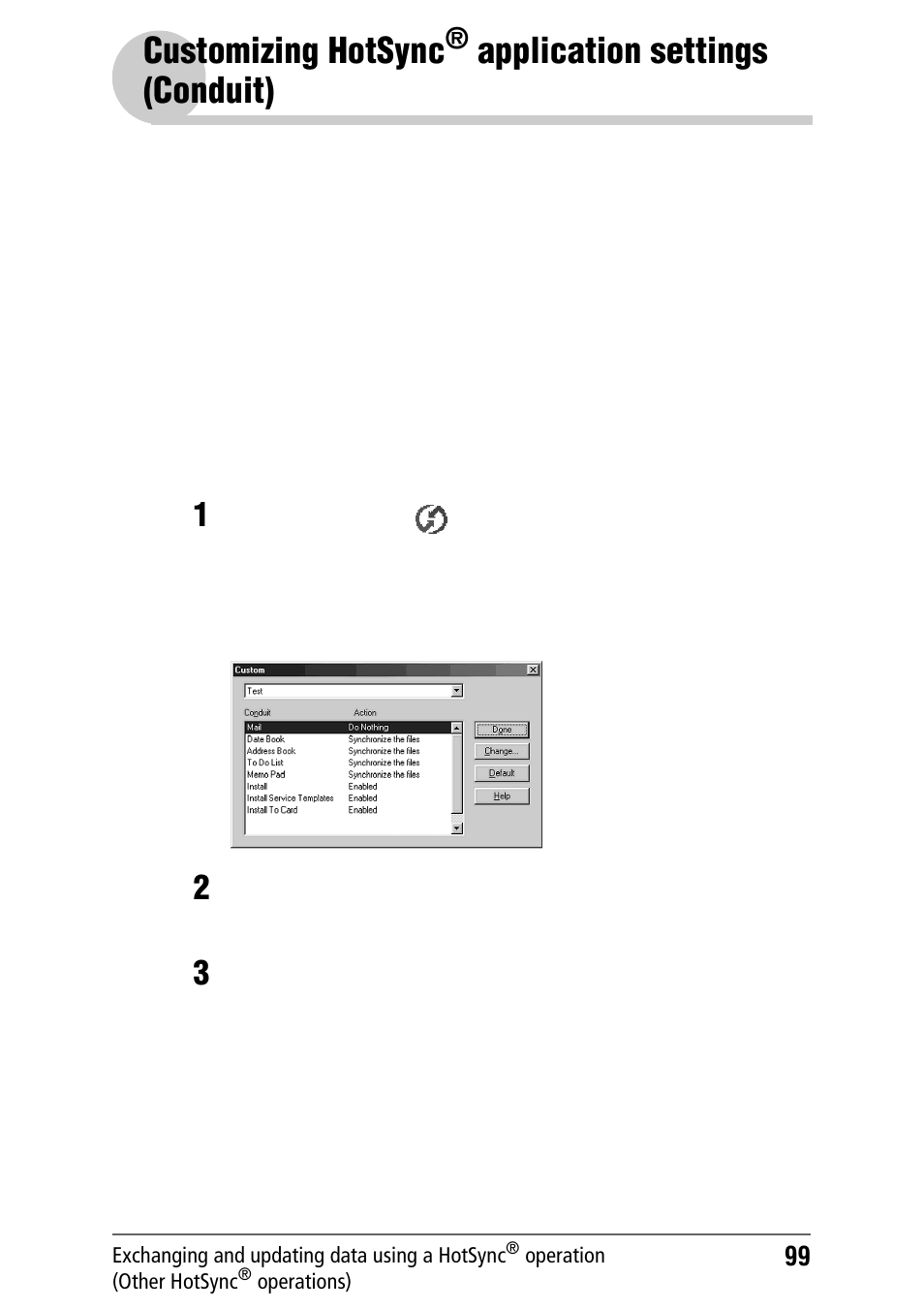 Customizing hotsync, Application, Settings (conduit) | Application settings, Conduit), Application settings (conduit) | Sony PEG-NZ90 User Manual | Page 99 / 186