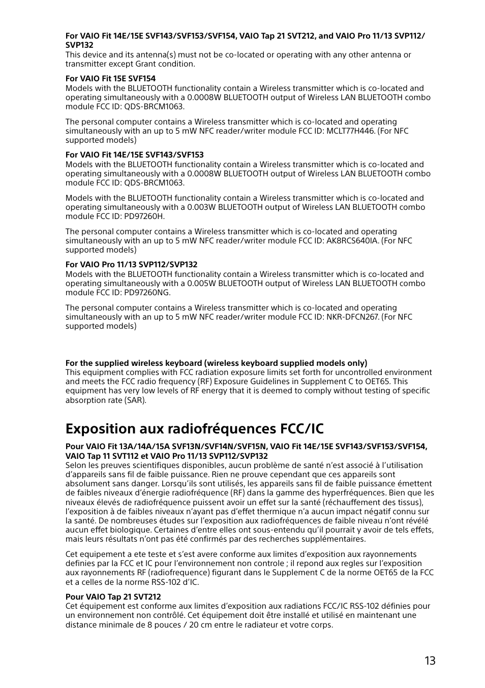 Exposition aux radiofréquences fcc/ic | Sony VAIO Safety regulations User Manual | Page 13 / 36