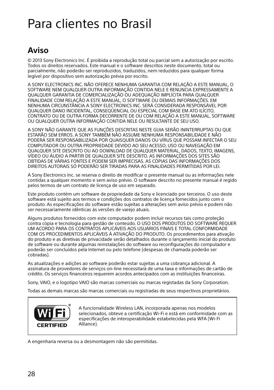 Para clientes no brasil, Aviso | Sony VAIO Safety regulations User Manual | Page 28 / 36