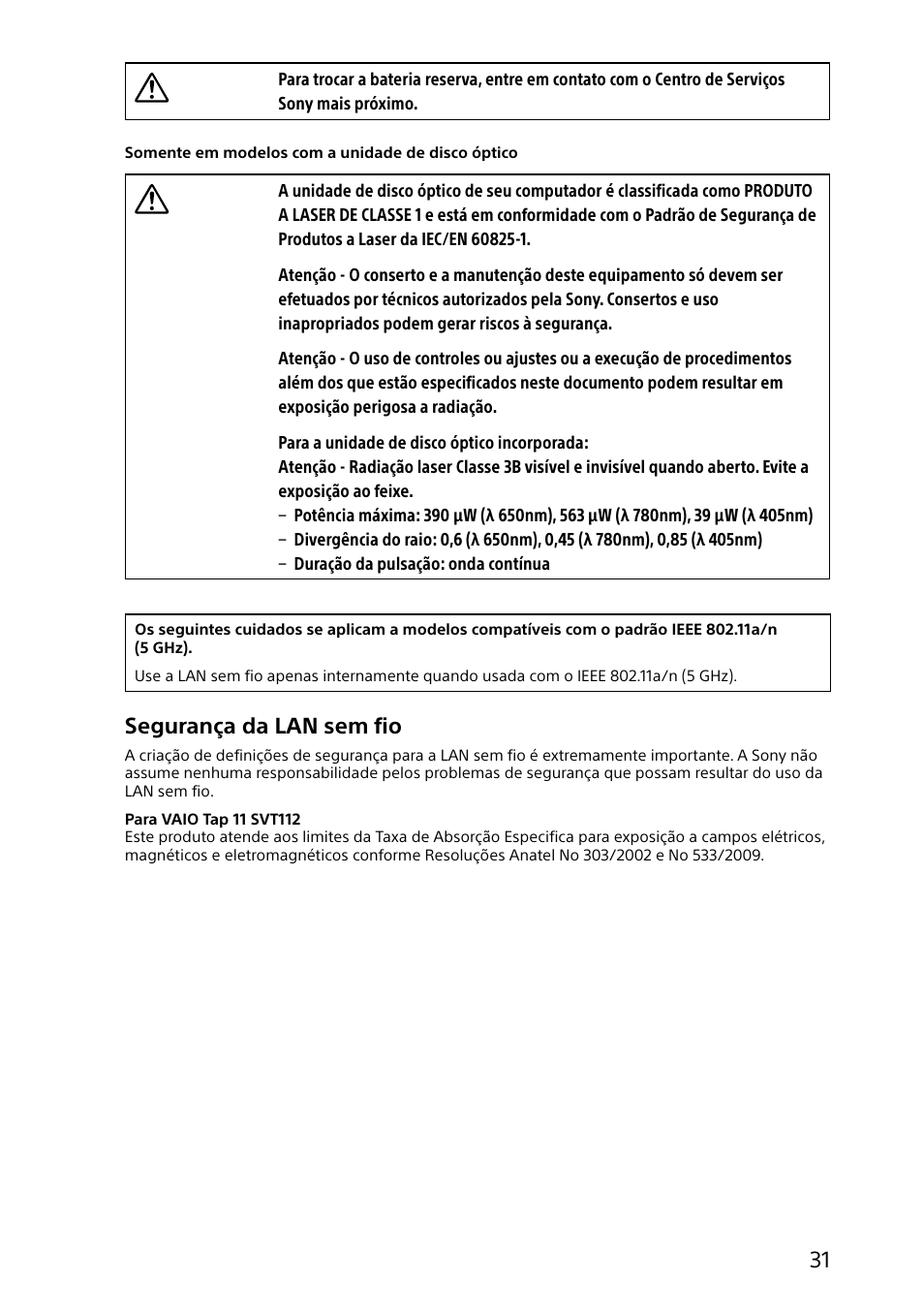 Segurança da lan sem fio | Sony VAIO Safety regulations User Manual | Page 31 / 36