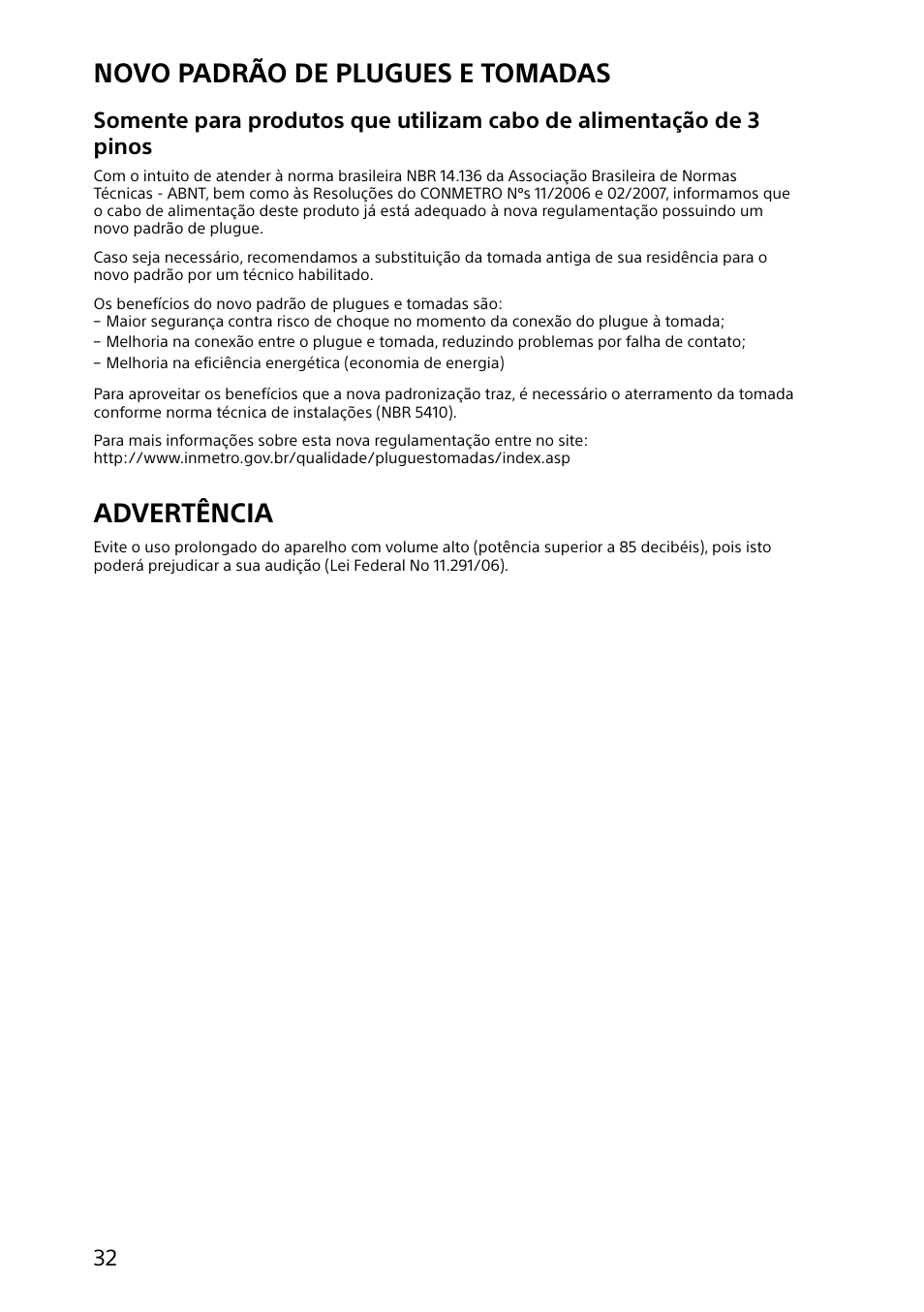 Novo padrão de plugues e tomadas, Advertência | Sony VAIO Safety regulations User Manual | Page 32 / 36