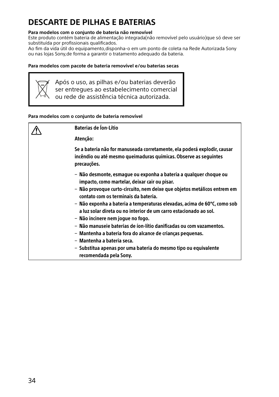 Descarte de pilhas e baterias | Sony VAIO Safety regulations User Manual | Page 34 / 36