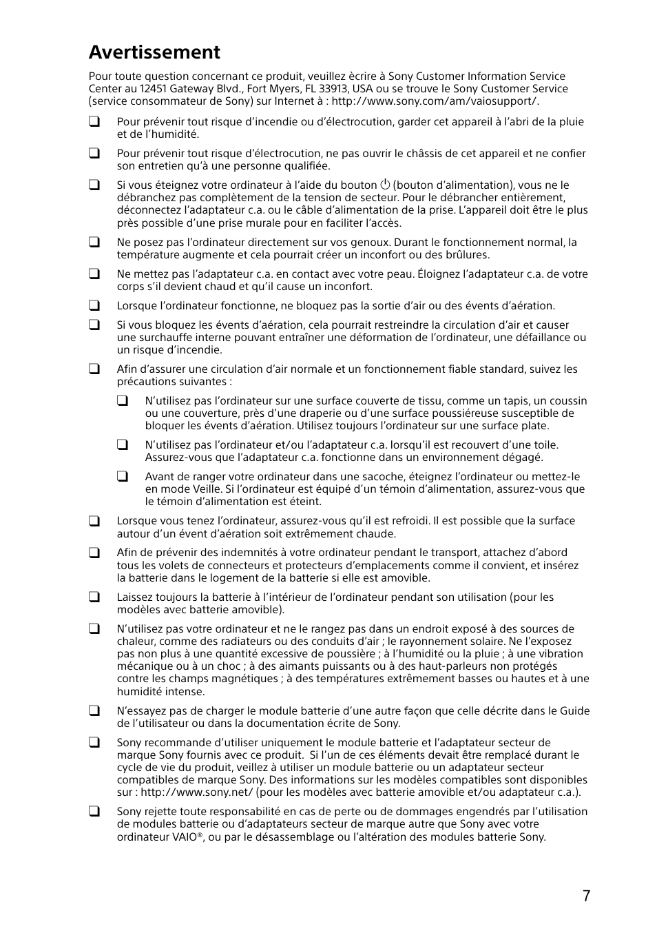 Avertissement | Sony VAIO Safety regulations User Manual | Page 7 / 36