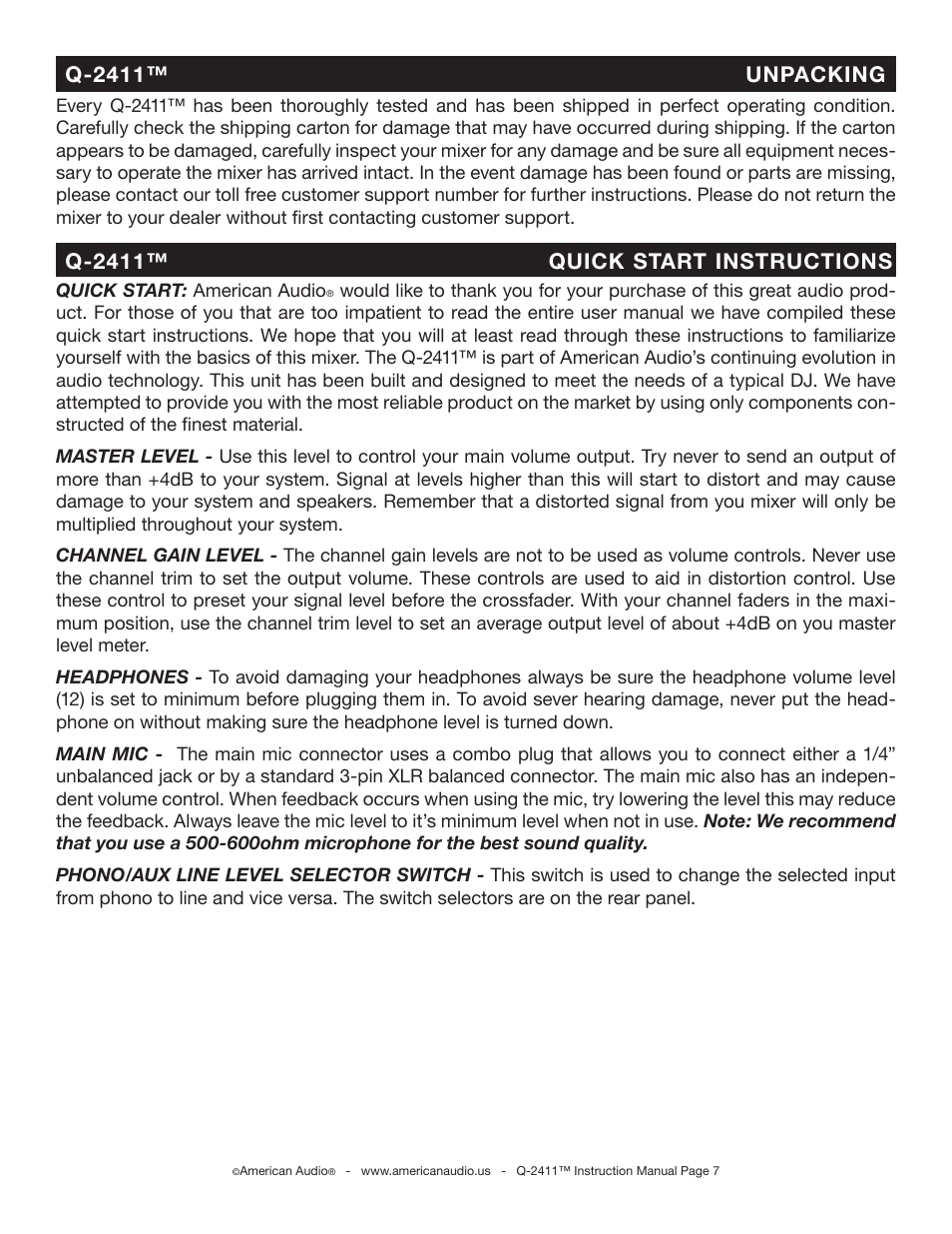 American Audio Q-2411 User Manual | Page 7 / 20