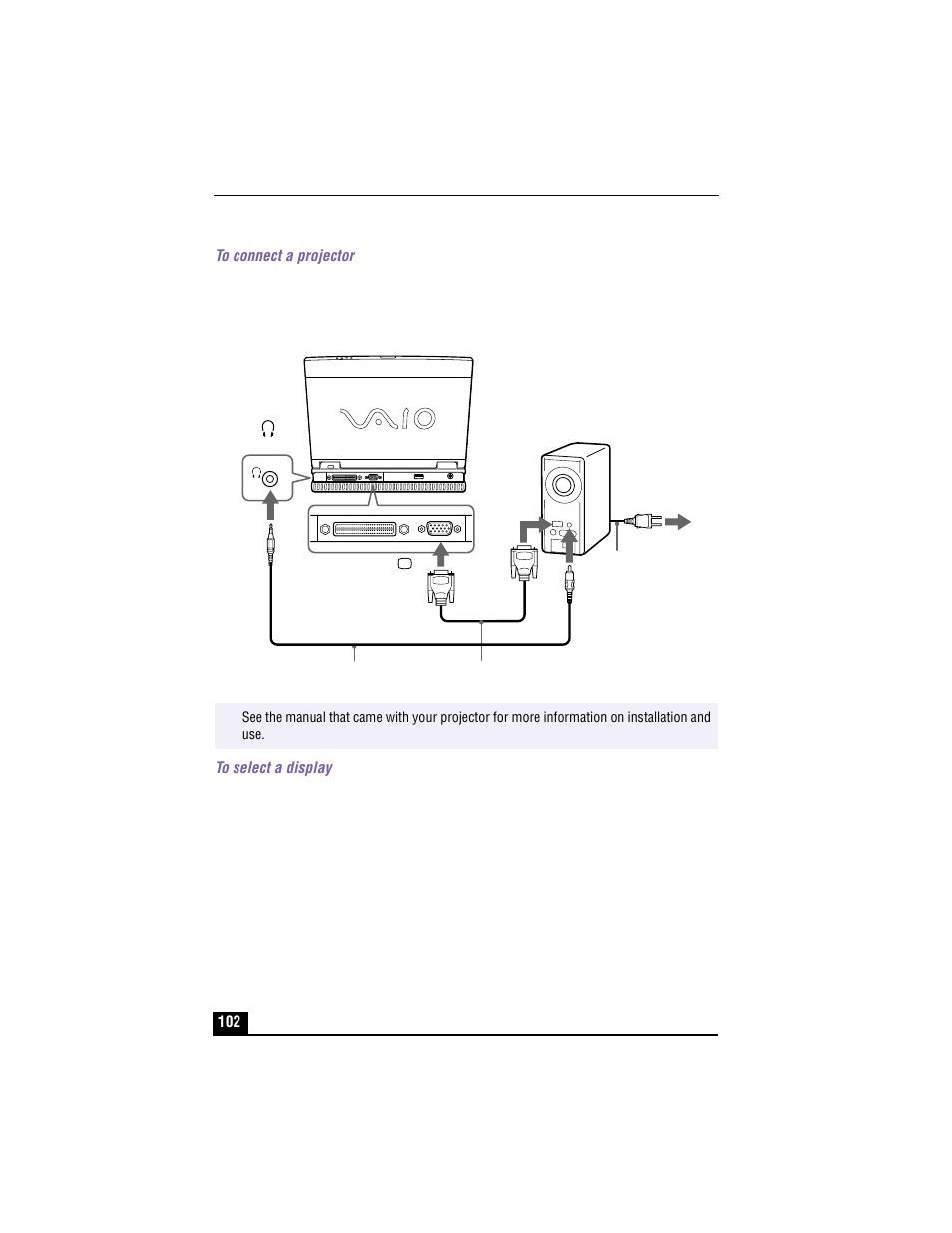 To connect a projector, Connecting a projector, To select a display | Sony PCG-XG700 User Manual | Page 102 / 154