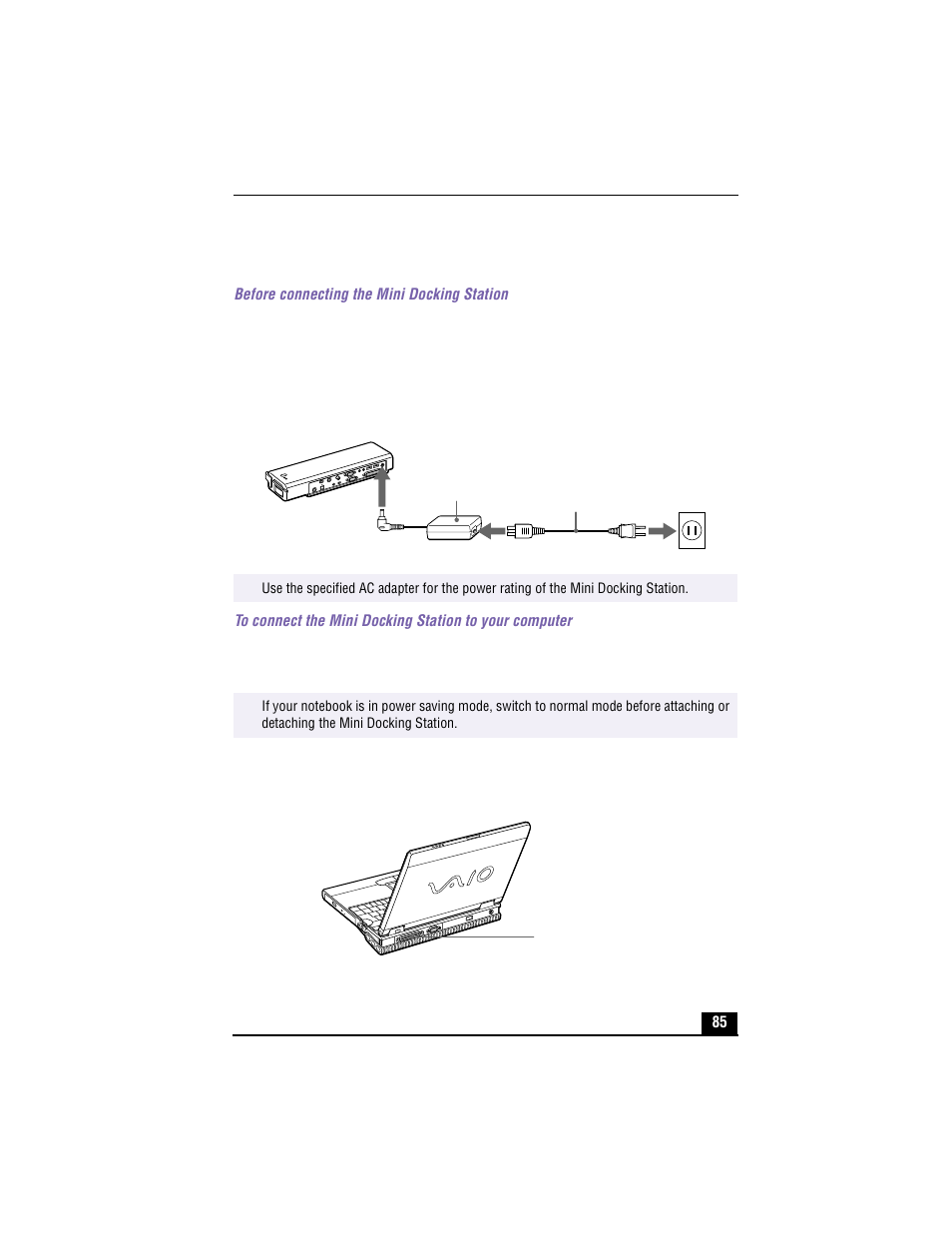 Connecting the mini docking station, Before connecting the mini docking station, Connecting ac adapter to docking station | 1 open the cover of your computer, Docking station/fdd connector | Sony PCG-XG700 User Manual | Page 85 / 154