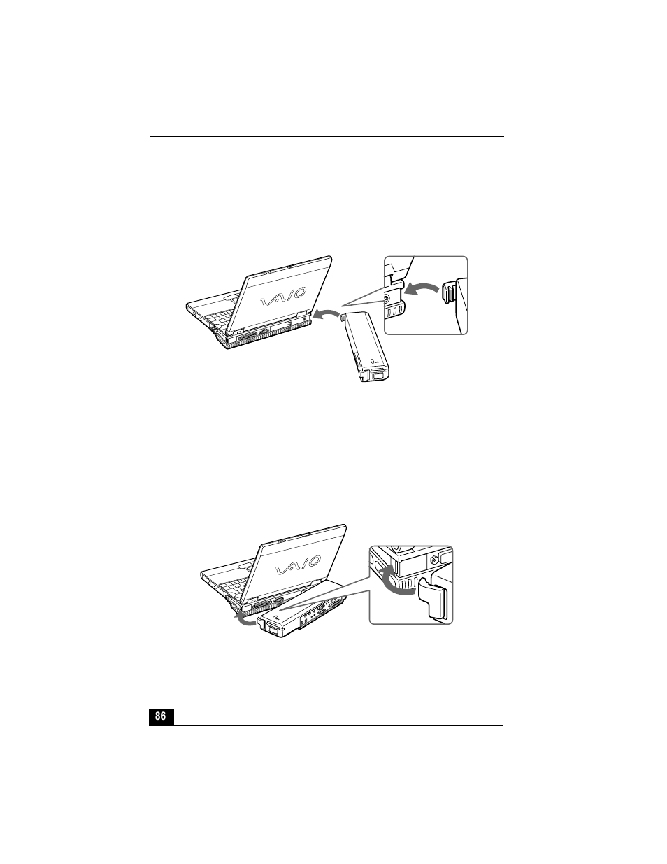 Left tab hollow, 4 firmly press the mini docking station into place, Right tab hollow | Sony PCG-XG700 User Manual | Page 86 / 154