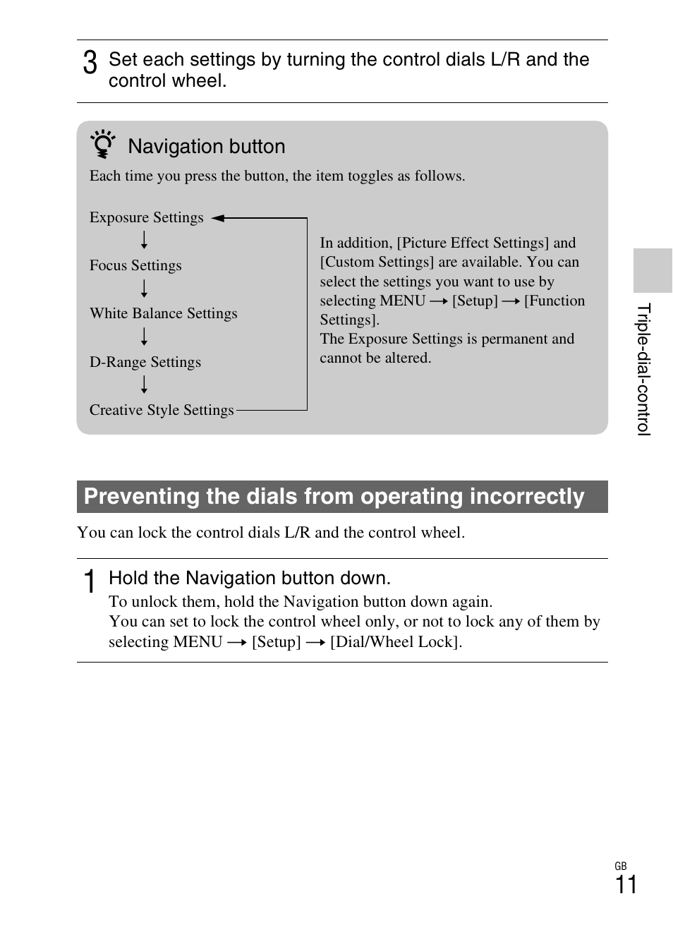 Preventing the dials from operating incorrectly, Navigation button | Sony NEX-7 User Manual | Page 11 / 64