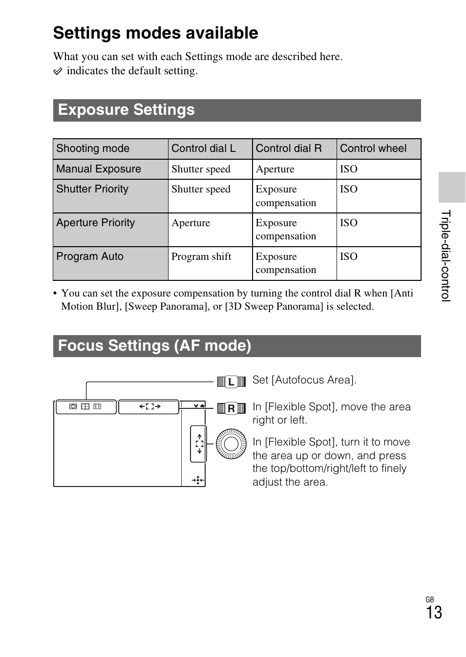 Settings modes available, Exposure settings, Focus settings (af mode) | Sony NEX-7 User Manual | Page 13 / 64