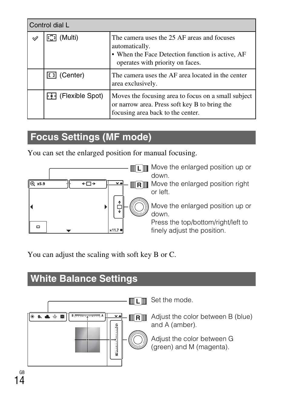 Focus settings (mf mode) white balance settings | Sony NEX-7 User Manual | Page 14 / 64