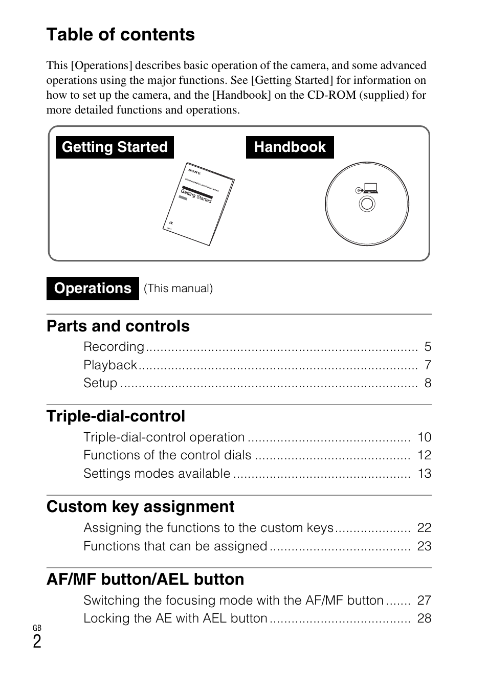 2table of contents, Parts and controls, Triple-dial-control | Custom key assignment, Af/mf button/ael button | Sony NEX-7 User Manual | Page 2 / 64