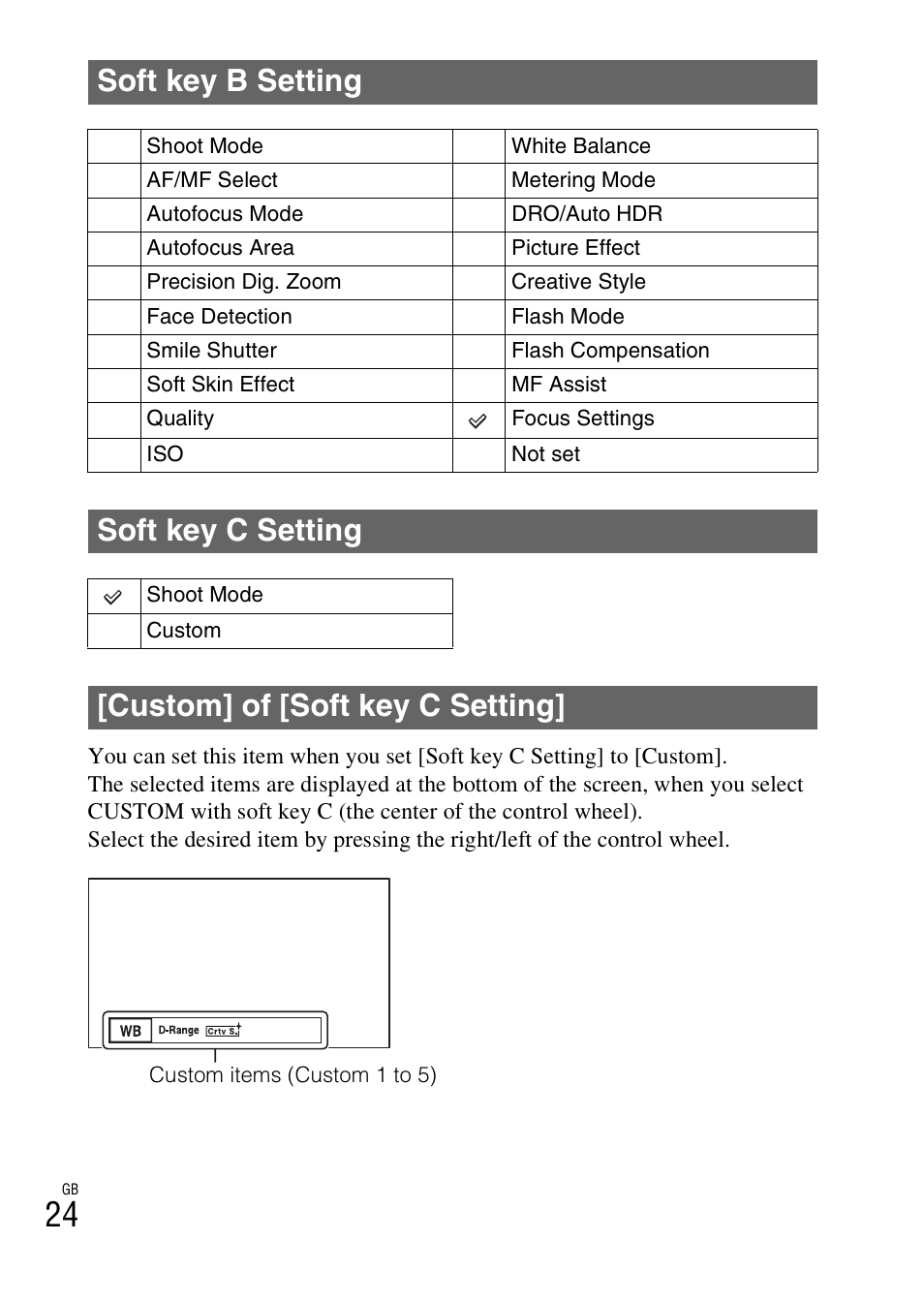 Soft key b setting, Soft key c setting, Custom] of [soft key c setting | Sony NEX-7 User Manual | Page 24 / 64