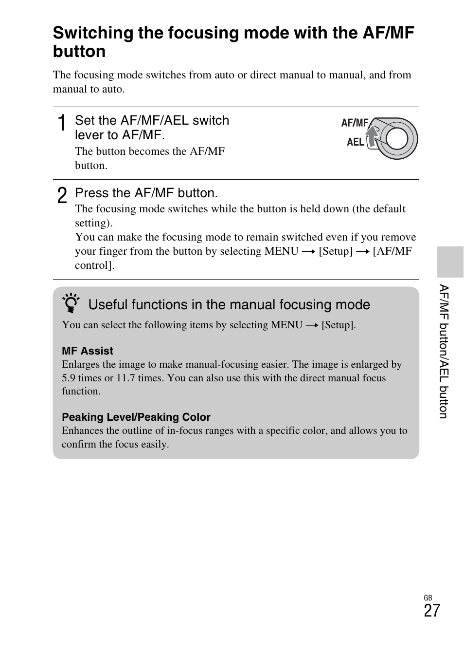 Switching the focusing mode with the af/mf button, E 27) | Sony NEX-7 User Manual | Page 27 / 64