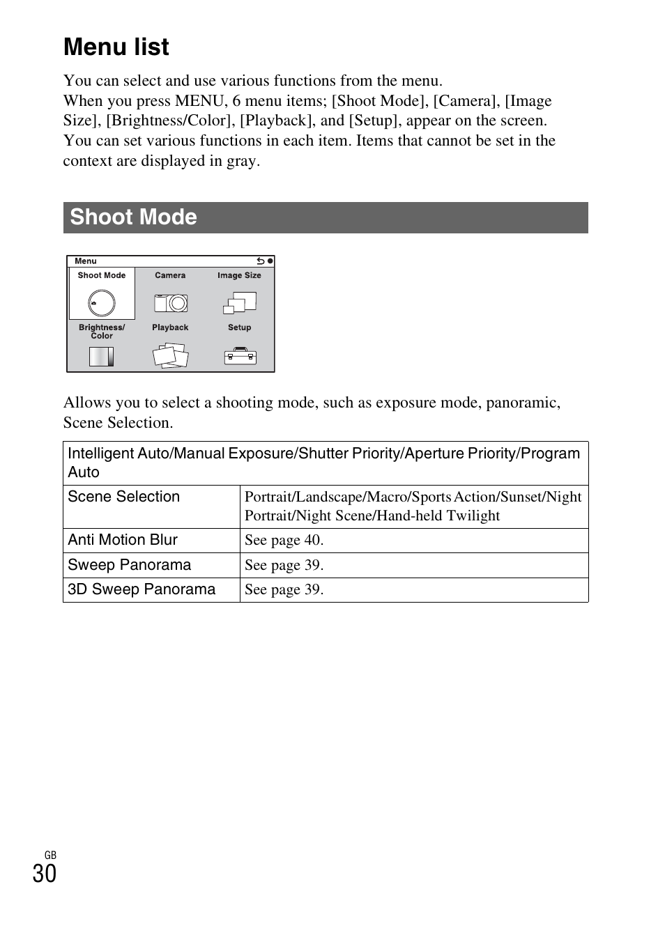 Menu list, 30 menu list, Shoot mode | Sony NEX-7 User Manual | Page 30 / 64