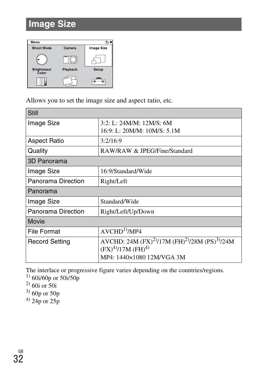 Image size | Sony NEX-7 User Manual | Page 32 / 64