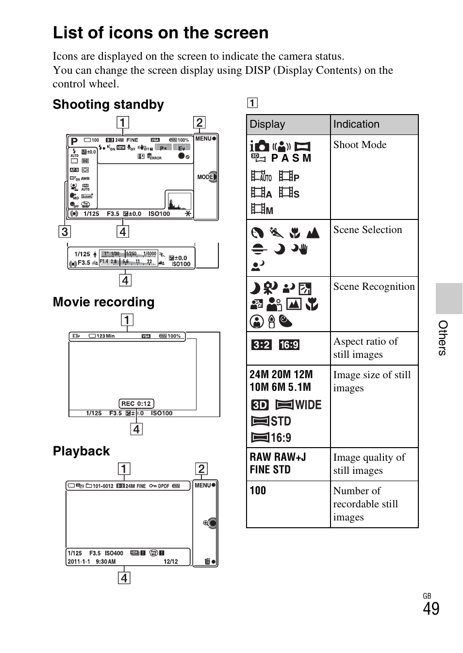 List of icons on the screen, Shooting standby movie recording playback | Sony NEX-7 User Manual | Page 49 / 64