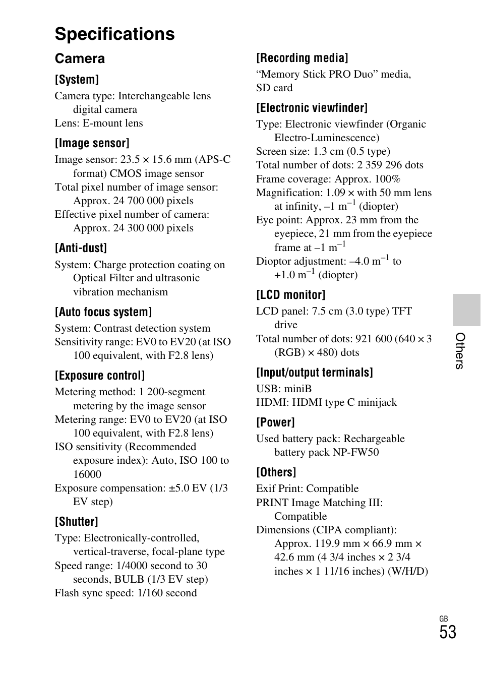 Specifications, Camera | Sony NEX-7 User Manual | Page 53 / 64